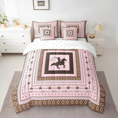 Feelyou Pink Western Cowboy Comforter Set with Sheets Queen Size Kids Rodeo Cowboy Horse 7 Pieces Bedding Set for Boys Girls Teens Western Star Bed in a Bag Grunge Design Bed Set
