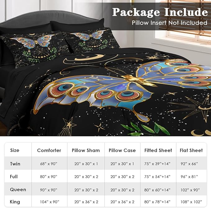 Comforter Set Full Size, Gothic Butterfly Moon 7 Pcs Bedding for Kids and Adults, Botanical Plant Leaf Bed Sheet Sets with Fitted Sheet 2 Pillowcases & 2 Shams for Bedroom Bed Decor