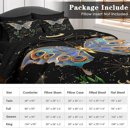 Comforter Set Full Size, Gothic Butterfly Moon 7 Pcs Bedding for Kids and Adults, Botanical Plant Leaf Bed Sheet Sets with Fitted Sheet 2 Pillowcases & 2 Shams for Bedroom Bed Decor