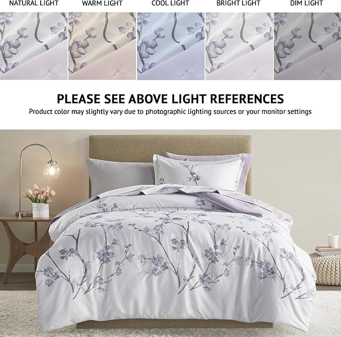 Comfort Spaces Bed in A Bag - Trendy Casual Design Cozy Comforter with Complete Sheet Set with Side Pocket, All Season Cover, Matching Shams Twin(66"x90"), Kate, Grey/Purple 6 Piece