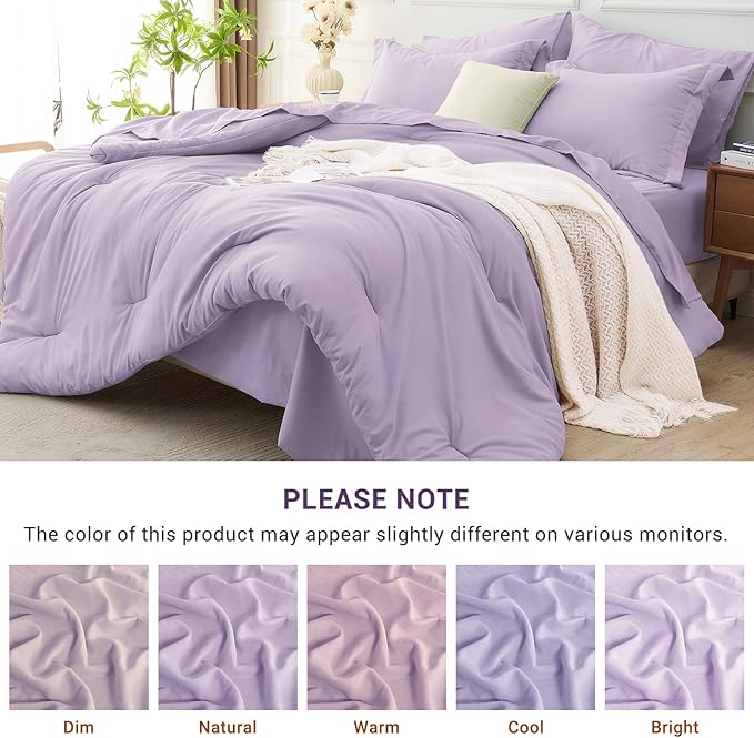 MUXHOMO 5 Pieces Twin Comforter Set, Soft Bed in a Bag Twin Size, All Season Bedding Set with Comforter, Flat Sheet, Fitted Sheet, Pillowcases & Shams, Lavender