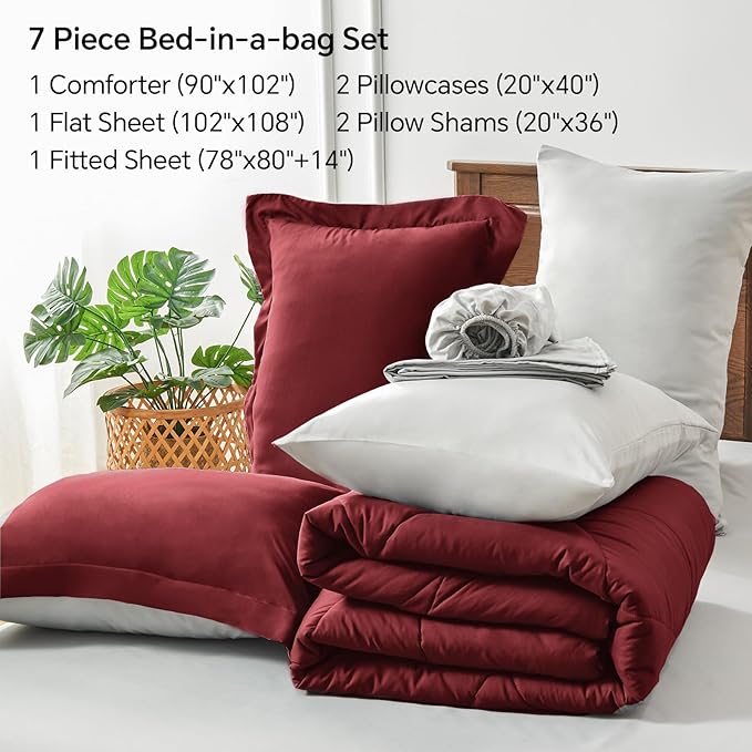 BEDELITE King Size Comforter Set 7 Pieces Bed in A Bag - Soft Microfiber Reversible Burgundy Bed Set with Comforters, Sheets, Pillowcases & Shams, Cozy Luxury Bedding Sets for All Season