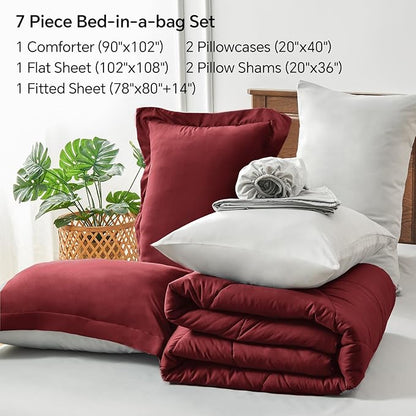 BEDELITE King Size Comforter Set 7 Pieces Bed in A Bag - Soft Microfiber Reversible Burgundy Bed Set with Comforters, Sheets, Pillowcases & Shams, Cozy Luxury Bedding Sets for All Season