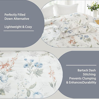 Floral Comforter Set Queen Size 100% Cotton Comforter Green Floral Bedding Comforter Set 3pcs Ultra Soft and Easy Care Reversible Lightweight Bedding Sets