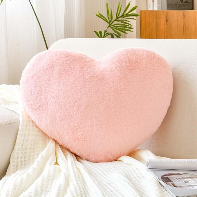 Pink Heart Pillows, Cute Heart Decorative Pillow, Heart Shaped Throw Pillows for Bed, Faux Rabbit Fur Plush Hoom Decor Pillow Cushion for Chair Sofa Living Room (Large-19.6"x15.7")