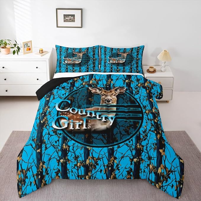 Erosebridal Deer Hunting Camo Queen Bedding Set,Blue Camouflage Comforter Set for Boys Girls Kids,Rustic Lodge Cabin Comforter,Woodland Hunter Bedroom Decor with 2 Pillowcases,Breathable