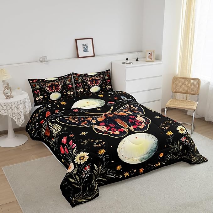 Erosebridal Adults Death Moth Toddler Comforter Set, Gothic Moth Bedding Set Moon and Star Black Comforter for Kids Boys Girls Women Men Bedroom Decor, Boho Exotic Vintage Floral Butterfly Quilt