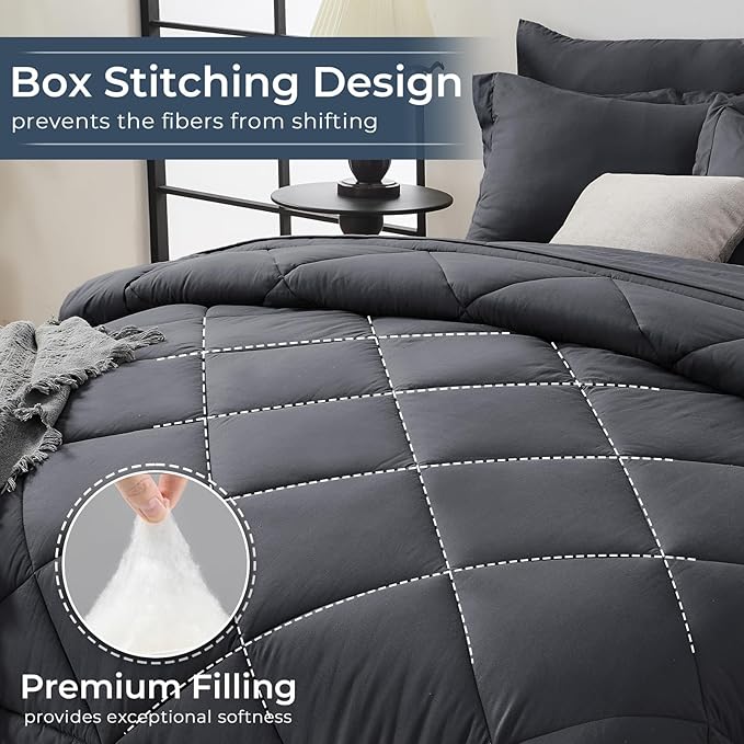 HEVUMYI Twin Comforter Set - 5-Piece All Season Bed in a Bag Twin, Ultra Soft Bedding Set with Comforter, Flat Sheet, Fitted Sheet, Pillowcases, Pillow Shams, Dark Grey