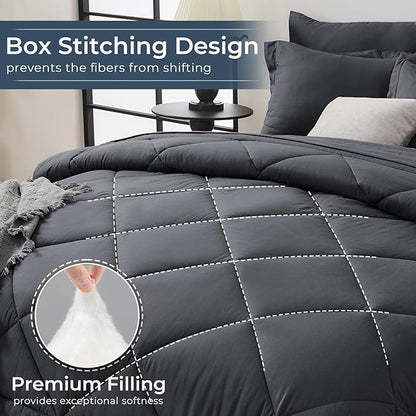 HEVUMYI Twin-XL Comforter Set - 5-Piece All Season Bed in a Bag Twin-XL, Ultra Soft Bedding Set with Comforter, Flat Sheet, Fitted Sheet, Pillowcases, Pillow Shams, Dark Grey