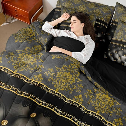 Golden Damask 7 Piece Comforter Set Full Bed in a Bag | Luxury Black Diamond Texture Pattern Bohemian Bedding Sets Victorian Decor Gothic Vintage Floral Comforter and Sheet Set, Baroque Goth Bed Sets
