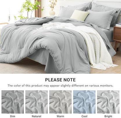 MUXHOMO 7 Pieces Queen Comforter Set, Soft Bed in a Bag Queen Size, All Season Bedding Set with Comforter, Flat Sheet, Fitted Sheet, Pillowcases & Shams, Light Grey
