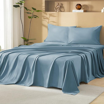 Litanika Twin Comforter Set with Sheets Dusty Blue - 5 Pieces Boho Tufted Shabby Chic Bed in a Bag, Fluffy Soft Farmhouse Bed Set for All Seasons