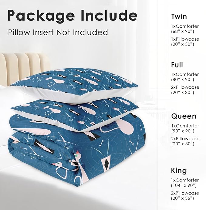 Comforter Set Twin Size, Musical Cat Blue 2 Pcs Soft Bedding Set for Kids and Adults, Pink Green Mid Century Comforter Set with Pillowcase, for Bedroom Bed Decor