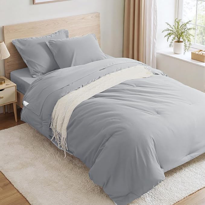 Anluoer Light Grey Twin Comforter Set 5 Pieces, Bed in a Bag with Sheets, All Season Bedding Sets with 1 Comforter, 1 Pillow Sham, 1 Pillowcase, 1 Flat Sheet, 1 Fitted Sheet