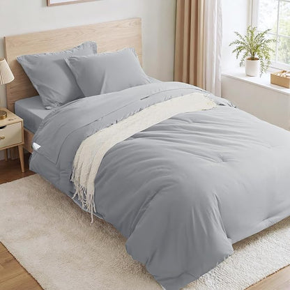 Anluoer Light Grey Twin Comforter Set 5 Pieces, Bed in a Bag with Sheets, All Season Bedding Sets with 1 Comforter, 1 Pillow Sham, 1 Pillowcase, 1 Flat Sheet, 1 Fitted Sheet
