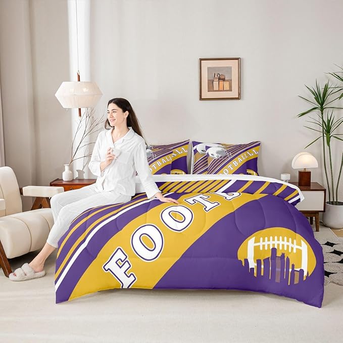 Erosebridal Rugby Football Comforter Sets Queen Size, Sports City Themed Bedding Bed in A Bag(Comforter+Fitted+Flat Sheet+2 Pillowcases+2 Throw Pillow Covers) 7 Pieces Bed Set