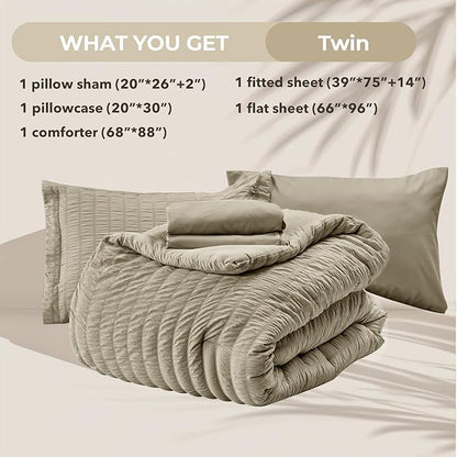 HYMOKEGE Linen Twin Comforter Set Seersucker 5 Pieces, All Season Luxury Bed in a Bag for Bedroom, Bedding Set with Comforter, Sheets, Pillowcase & Sham