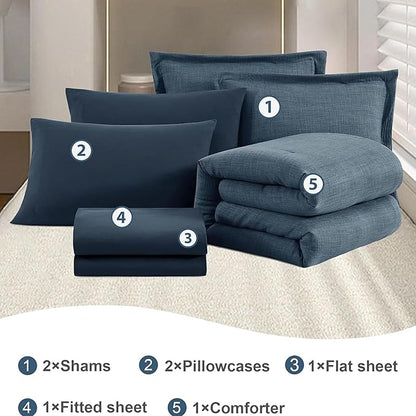Geniospin King Size Comforter Set- 7 Piece Navy Blue Textured King Bedding Set, Soft Solid Bed in a Bag for All Season, King Comforter Set with Sheets(Navy Blue,102''x90'')