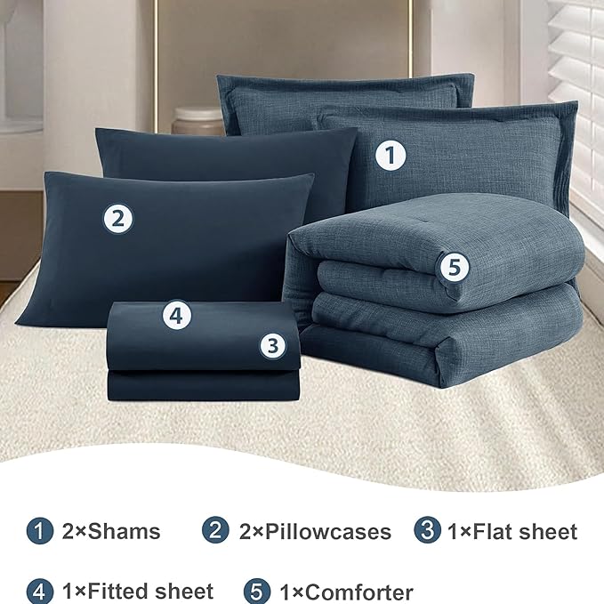 Geniospin Queen Comforter Set - 7 Pieces Comforter Queen Size, Soft Solid Bedding Set for All Season, Textured Bed in a Bag with Sheets, Pillowcases & Shams (Navy Blue, 90''x90'')