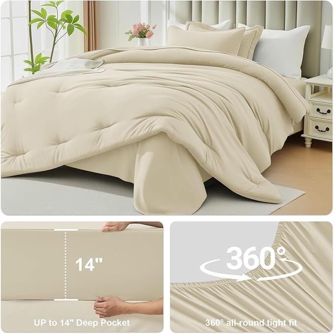California King Size Comforter Set 7 Pieces - Soft Bed in a Bag King Bed Set, Cozy Luxury Bedding Sets with All Season Comforter, Flat Sheet, Fitted Sheet, 2 Pillowcases & 2 Shams, Beige