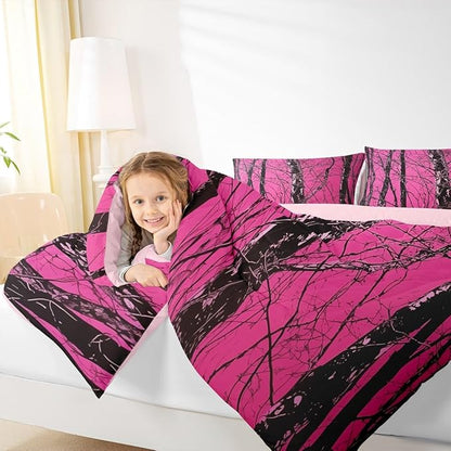 Erosebridal Cabin Lodge Queen Comforter Set,Woodland Rustic Bedding Sets for Girls Boys Kids,Hot Pink Camo Hunting Quilt Bed Set,Vintage Country Room Decor with 2 Pillowcases,Breathable