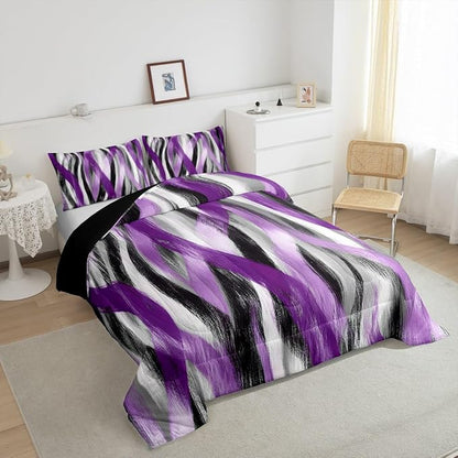 Erosebridal Geometric Stripes Comforter King Modern Abstract Comforter Set Black Grey Purple Bedding Set for Girls Teen Women Swirl Lines Quilt Duvet Room Decor 3 Pcs