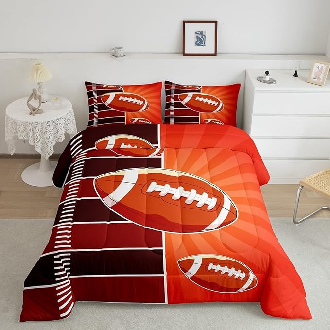 Feelyou Rugby Comforter Set Twin Size Sports Themed Comforter for Boys Girls Teens Football Bedding Set Gift for Football Lover Duvet Set Orange and Brown Quilt Set