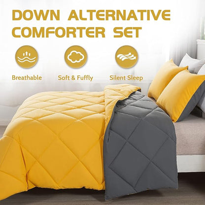 Decroom Lightweight Twin Comforter Set with 1 Pillow Sham - 2 Pieces Set - Quilted Down Alternative Comforter/Duvet Insert for All Season - Yellow/Grey - Twin/Twin XL Size