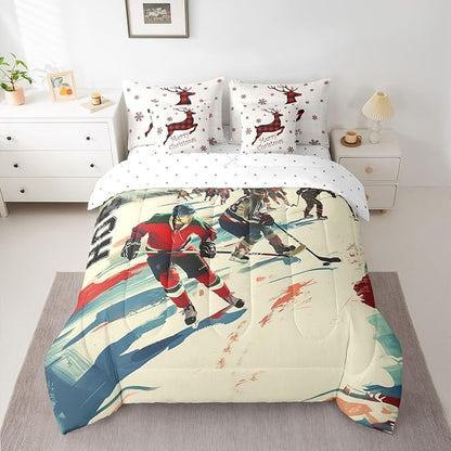 Erosebridal Ice Hockey Bed in A Bag King | Competitive Games Athletic 7 Piece Comforter Set Sports Theme Puck Player Sheet Set Teamwork Sports Game Fitted Sheet Breathable Lightweight