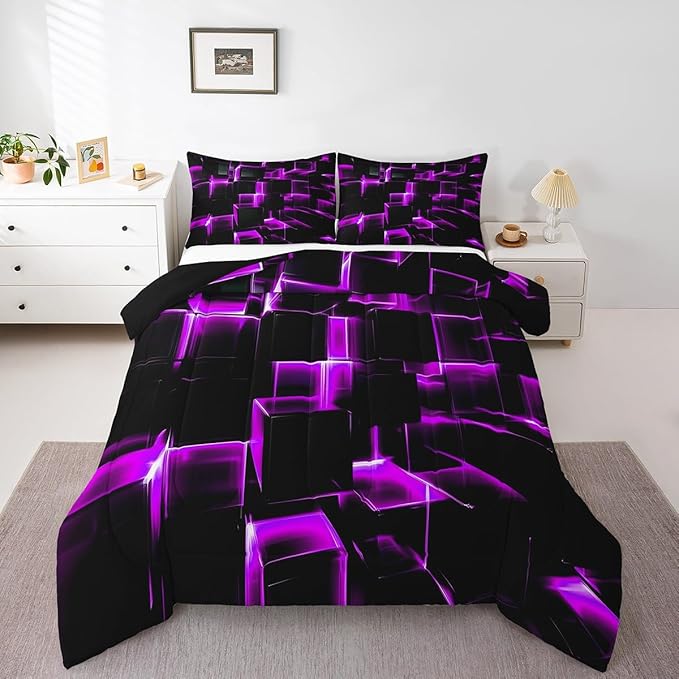 Erosebridal Purple Black Geometric Comforter Set Twin Size 3D Stereoscopic Square Bedding, Glowing Neon Squares Bed Set 2 Piece Gradient Grid Plaid Soft Microfiber Down Comforter
