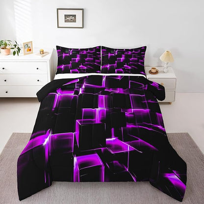Erosebridal Purple Black Geometric Comforter Set Queen Size 3D Stereoscopic Square Bedding, Glowing Neon Squares Bed Set 3 Piece Gradient Grid Plaid Soft Microfiber Down Comforter
