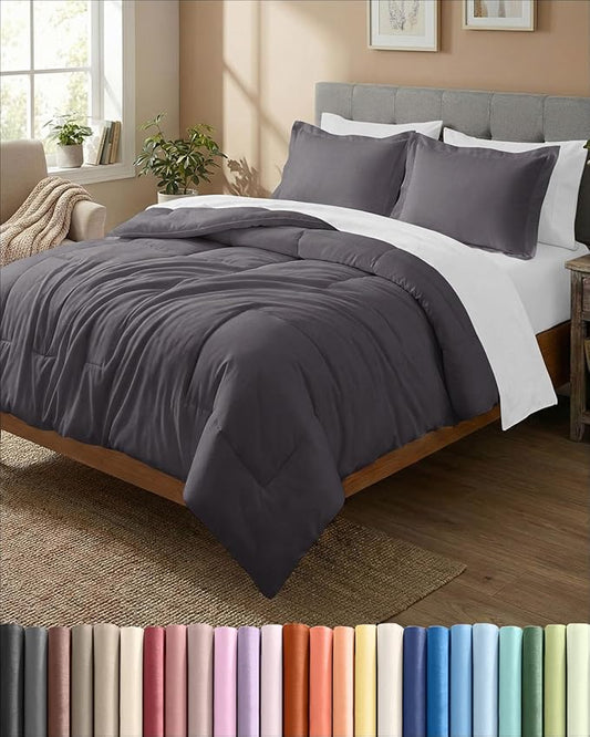 King Comforter Set - 3 Piece Bed Set for All Seasons - 1 Soft Quilted Comforter w/ Corner Tabs & 2 Pillow Shams - Comfy, Cozy & Breathable - Premium Down Duvet Insert - Oeko-TEX - King Size, Dark Grey