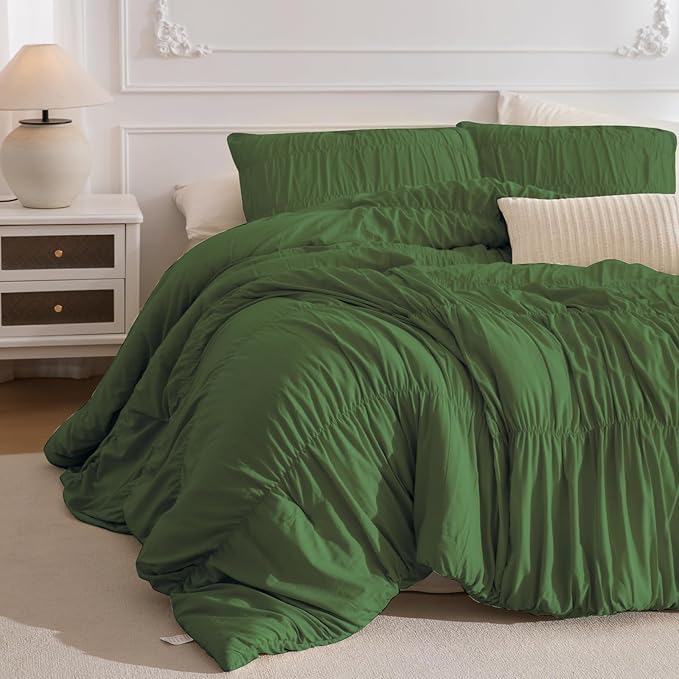 Masaca Oversized King Comforter 128"x120",Olive Green Ruched Shabby Boho Chic Bedding Comforter Set,3 Pieces Soft Lightweight Dark Green Ruffle Farmhouse Bedding Set Extra Large