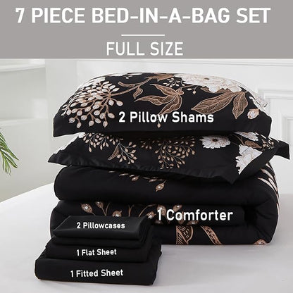 Yogeneg 7 Piece Bed in a Bag Full Size Comforter Set Botanical Floral Bedding Set,White Flower Leaves Printed on Black Reversible Design,Soft Microfiber Comforter with Sheet Set,All Season(Black,Full)