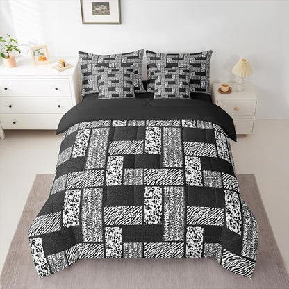 Wildlife Animals Fur Print Kids Comforter Set 7 Pcs,Leopard Cheetah Zebra Cow Skin Bed Set Twin,Black Grey Wildlife Bedding Sets,(1 Comforter,2 Pillowcase,2 Pillow Covers,1 Flat Sheet,1 Fitted Sheet)