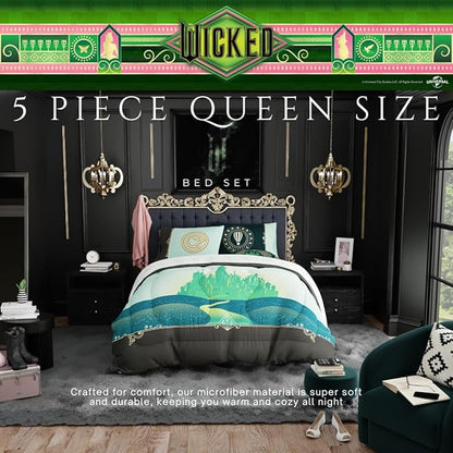 Collectibles Wicked Elphaba and Glinda Bedding 5 Piece Super Soft Reversible Comforter and Sheet Set, Queen, (Officially Licensed Product) by Franco