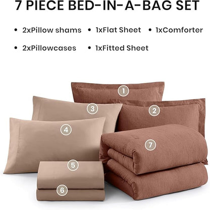 Monbix California King Comforter Set - 7 Pieces Cationic Dyeing Terracotta Bed in a Bag Cal King Bed Sets with Comforter, Sheets, Pillowcases & Shams, Reversible Bedding Comforters Sets