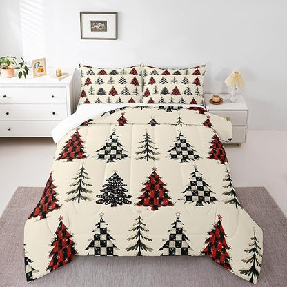Christmas Tree Comforter Set Queen Size,Red White Black Grid Patchwork Bedding Set,Snowflake Xmas Tree Quilt Set for Kids Girls Boys Teens Room Decor,Rustic Beige Duvet Insert,2 Pillowcases