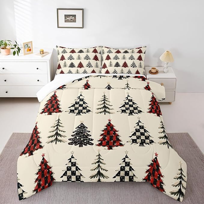 Christmas Tree Bedding Set Full Size,Red White Black Grid Patchwork Comforter Set,Snowflake Xmas Tree Quilt Set for Kids Girls Boys Teens Room Decor,Rustic Beige Duvet Insert,2 Pillowcases