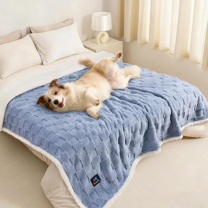 Luciphia Waterproof Dog Blanket for Large Dogs Washable Soft Sherpa Fleece Cat Blankets with 3D Jacquard Cozy Calming Reversible Bed Couch Protector Furniture Protection for Pet,Blue White, 85x57 inch