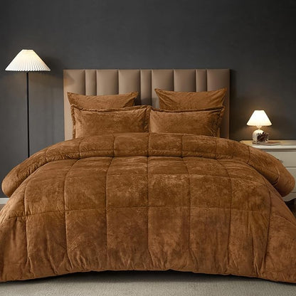 PHF Double-Sided Velvet Comforter Set King Size, 5 Piece Soft Luxury Winter Warm Bedding Sets, Modern Bed in A Bag Including 1 Cozy Comforter, 2 Pillow Shams, 2 Euro Shams for Home Decor, Camel