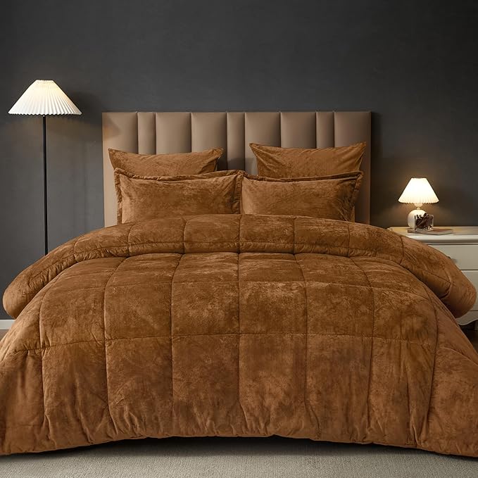 PHF Double-Sided Velvet Comforter Set Queen Size, 5 Piece Soft Luxury Winter Warm Bedding Sets, Modern Bed in A Bag Including 1 Cozy Comforter, 2 Pillow Shams, 2 Euro Shams for Home Decor, Camel
