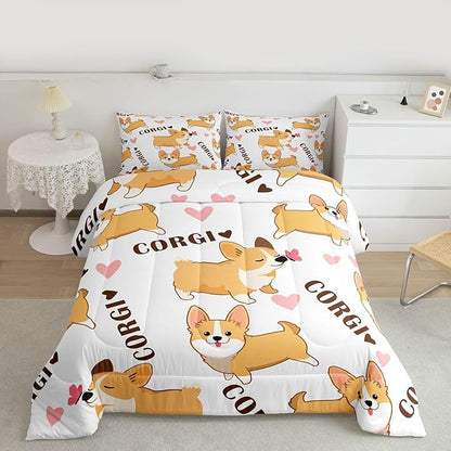 Erosebridal Kid Corgi Dog Comforter Set Queen Cute Puppy Down Comforter Cartoon Pet Dog Happy Farm Animal Love Pattern Quilted Duvet, with 2 Pillow Cases, Super Soft Breathable Duvet Insert, White