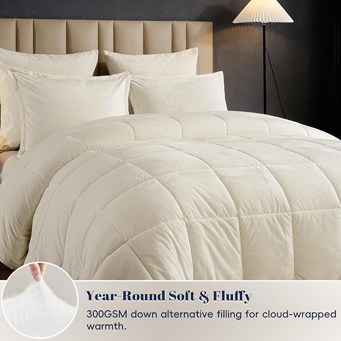 PHF Double-Sided Velvet Comforter Set Queen Size, 5 Piece Soft Luxury Winter Warm Bedding Sets, Modern Bed in A Bag Including 1 Cozy Comforter, 2 Pillow Shams, 2 Euro Shams for Home Decor, Cream
