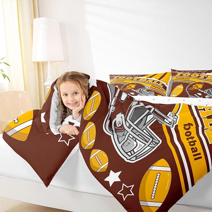 Feelyou Football Bedding Set Boys Girls Twin Size Rugby Sports Comforter Set Football City Duvet Women Men Gray Brown Yellow Decor