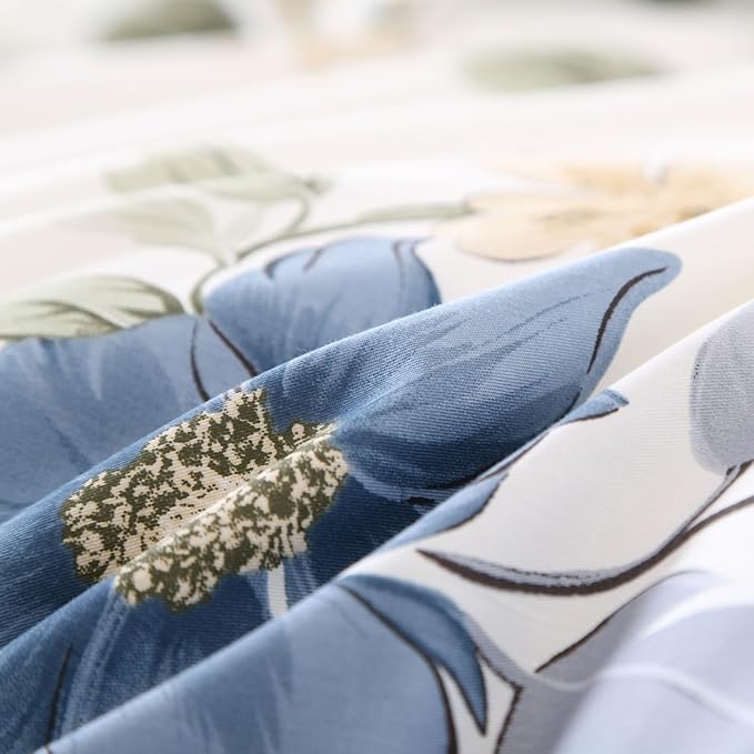 Cotton Comforter Queen Size Set – White Blue Floral Cotton Shell Bedding, Soft & Breathable, All-Season Down-Alternative Fill, Includes 1 Comforter & 1 Pillow Sham