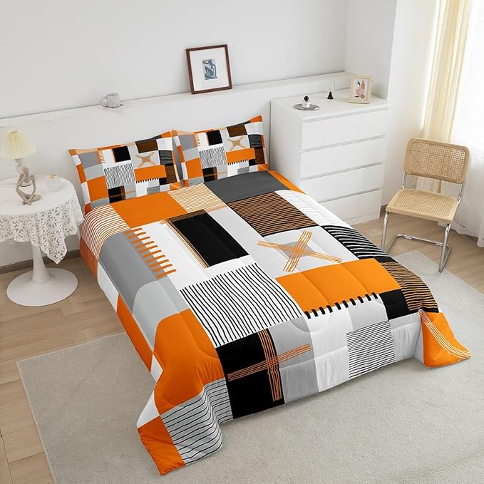 Erosebridal Orange Grey Comforter Set Full Black White Abstract Bedding Set for Kids Teen Adults Geometric Square Quilt Grids Checkered Duvet Insert Modern Fashion Room Decor 3 Pcs
