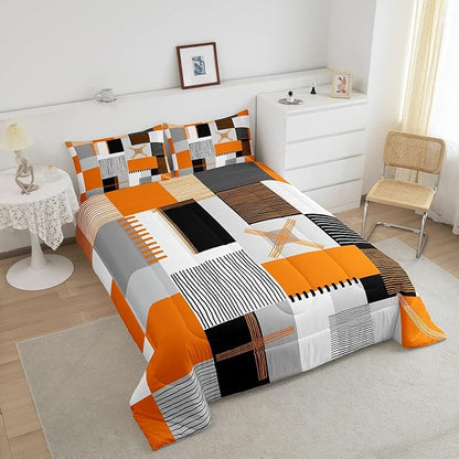 Erosebridal Orange Grey Comforter Set Toddler Black White Abstract Bedding Set for Kids Teen Adults Geometric Square Quilt Grids Checkered Duvet Insert Modern Fashion Room Decor 2 Pcs