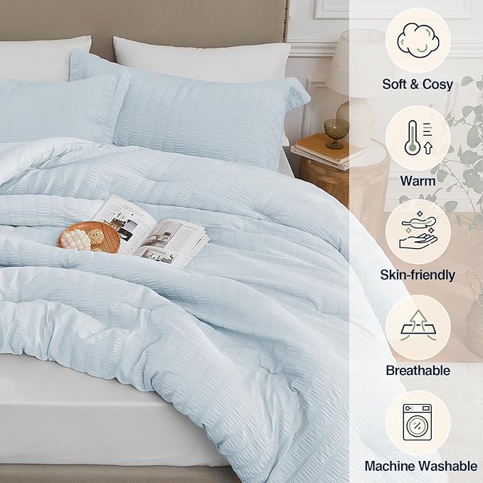 SkyBlue Twin/Twin XL Comforter Set - 2 Pieces Seersucker Lightweight Bedding Comforter Sets (1 Soft Fluffy Comforter & 1 Pillowcase) - All Seasons Cozy Modern Bed Sets for Women Men