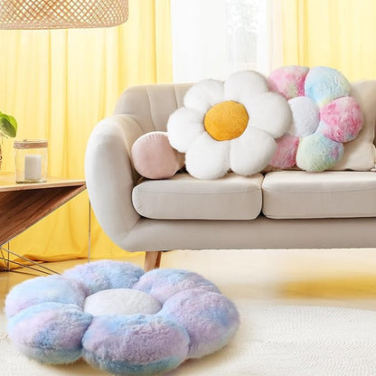 Sratte 3 Pcs Flower Pillows Flower Shaped Throw Pillows Cute Daisy Plush Pillow Decorative Floor Pillow Seat Cushion for Bedroom Home Sofa Chair Couch Decor(Dazzling Color,White,16")